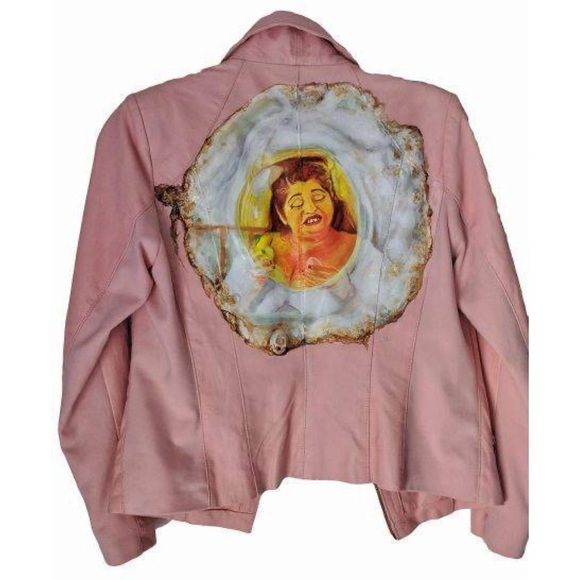 🍳🥚 Edith the Egg Lady / John Waters  🦩Hand-Painted leather jacket - Picture 1 of 4